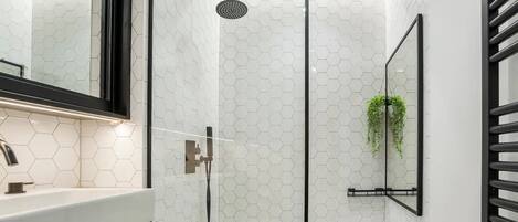 Hair dryer, towels, soap, toilet paper