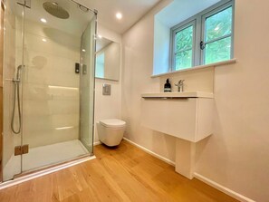 Douche, sèche-cheveux, serviettes fournies, savon