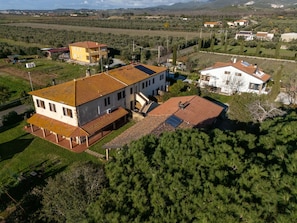 A large, two-story building with a tiled roof, surrounded by greenery and other buildings.