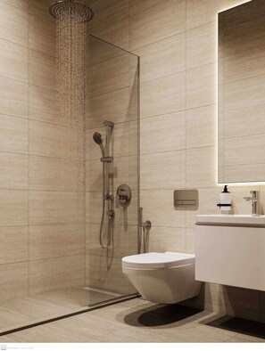Dusche, Haartrockner, Handtücher, Seife