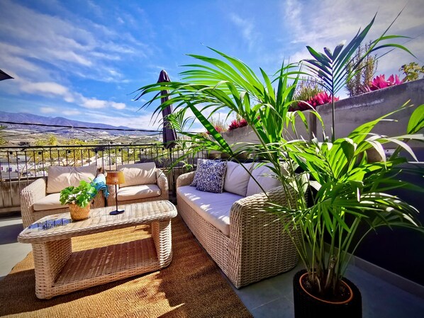 A rooftop terrace with wicker furniture, a potted plant, and a view of the landscape.