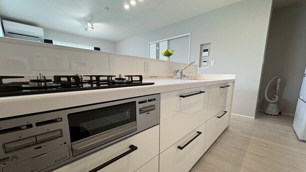 A modern kitchen with a built-in oven, a gas stove, and a dishwasher. - Yui-Takasaki (Takasaki)