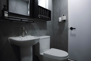 Shower, hair dryer, towels, shampoo