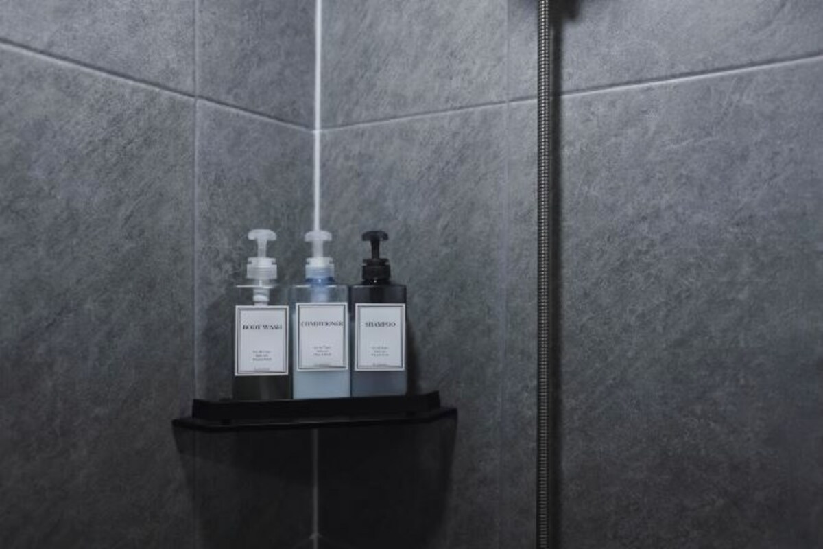 Shower, hair dryer, towels, shampoo