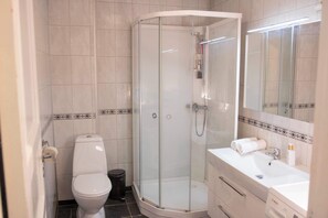 A bathroom with a glass-enclosed shower, a toilet, a sink, and a mirror. - Sentralt i Tromsø med 2 soverom (Tromsø)
