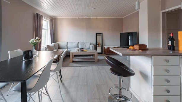 Ein modernes Wohnzimmer mit Sofa, Couchtisch und Essbereich. Es gibt eine Küchenzeile mit Arbeitsfläche und Kühlschrank.
