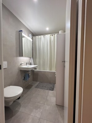 Hair dryer, towels, soap, toilet paper