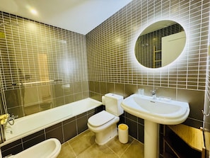 Hair dryer, towels, soap, toilet paper
