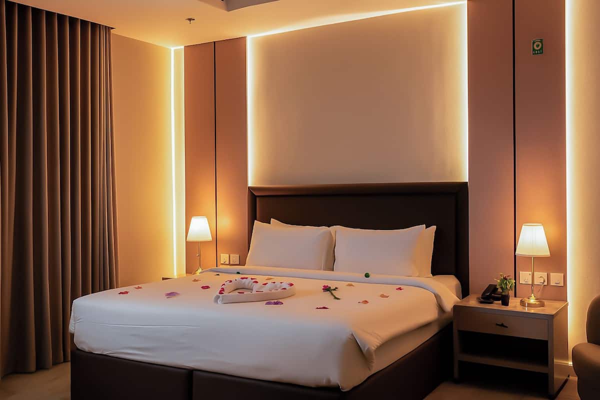 A hotel room with a large bed, two bedside tables, a chair, and a curtain.
