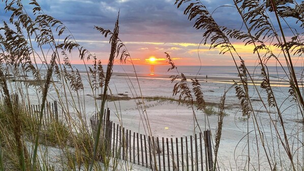On the beach, sun-loungers