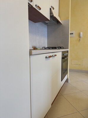 Kühlschrank, Ofen, Kochgeschirr/Geschirr/Besteck, Esstisch