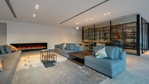 A modern living room with a fireplace, a sofa, a coffee table, and a glass partition with shelves. - Signature 81 in Brighton (Brighton)