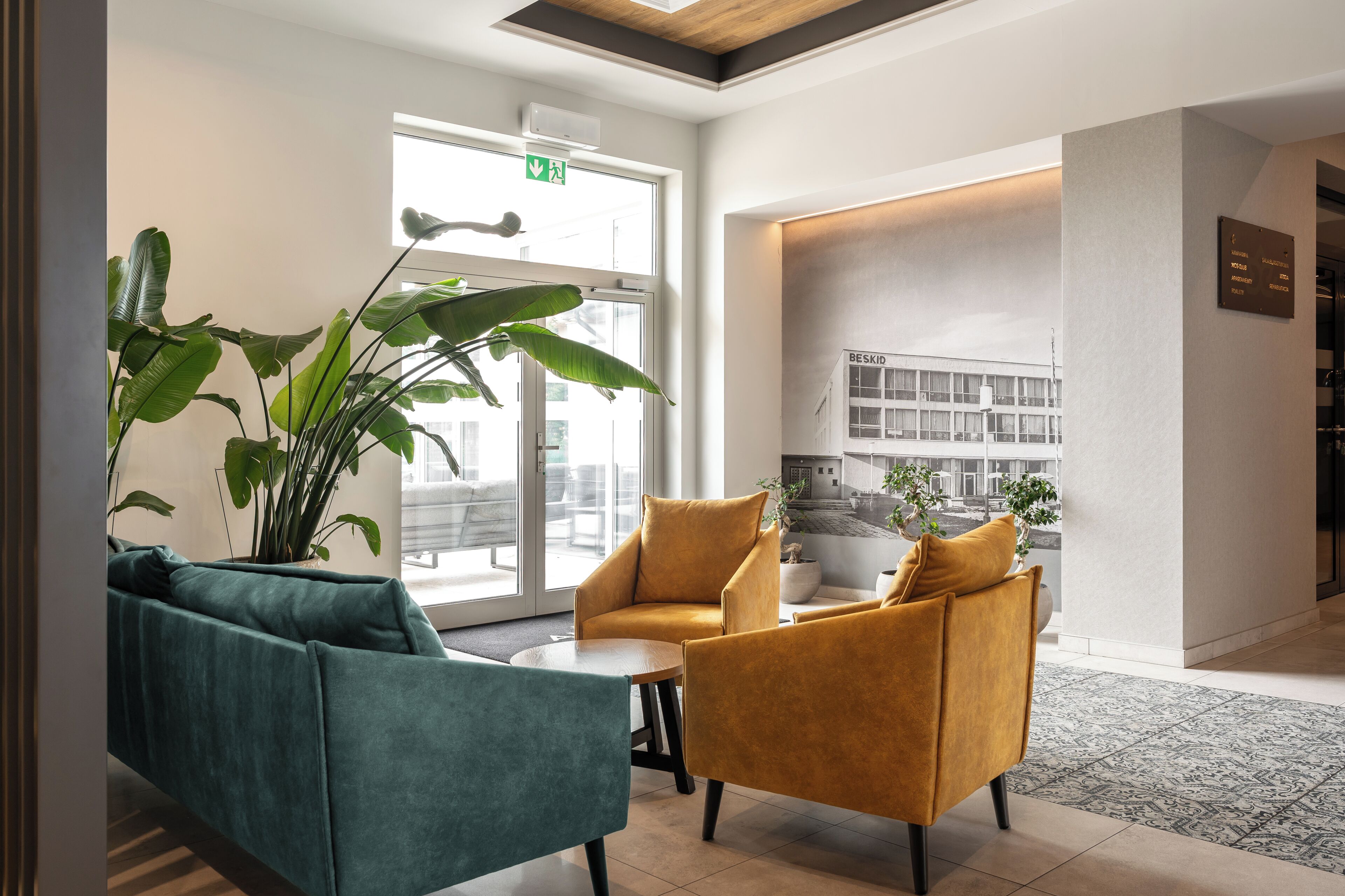 Un vestíbulo moderno con un sofá, sillones y una planta grande en maceta.