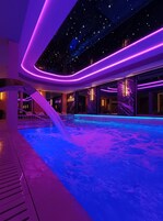 Indoor pool, open noon to 8:00 PM, sun loungers, lifeguards on site