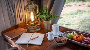 A cozy reading nook with a lantern, a book, a journal, a cup, and a fruit tray. - Basecamp Wilderness (Maasai Mara)