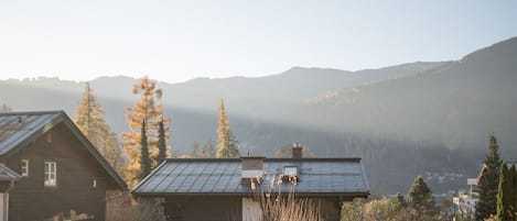 A mountain cabin with a sloped roof, surrounded by trees and a view of distant mountains.