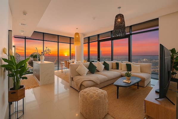 Deluxe Penthouse, Balcony, Sea View | Living area | 130-cm Smart TV with cable channels, Netflix, streaming services - KeyRock - Sea View Beachfront Penthouse (Dubai)