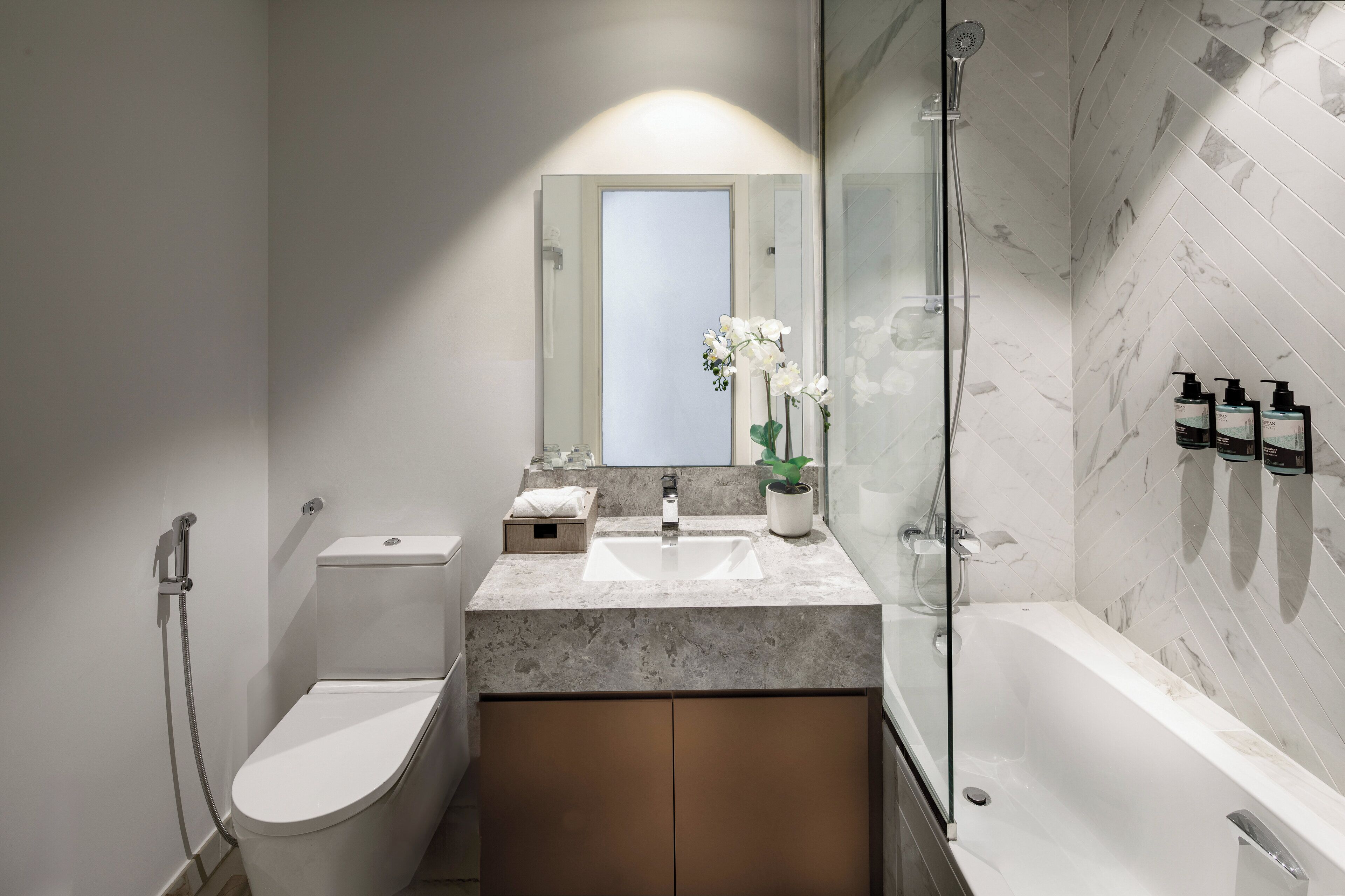Ein modernes Badezimmer mit Toilette, Waschbecken und Dusche.