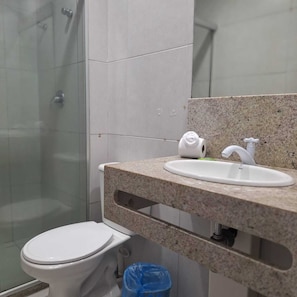 Shower, towels, soap, shampoo