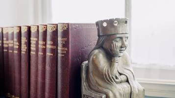 Una hilera de libros con letras doradas en el lomo, una estatua de una figura sentada con corona y una ventana al fondo.