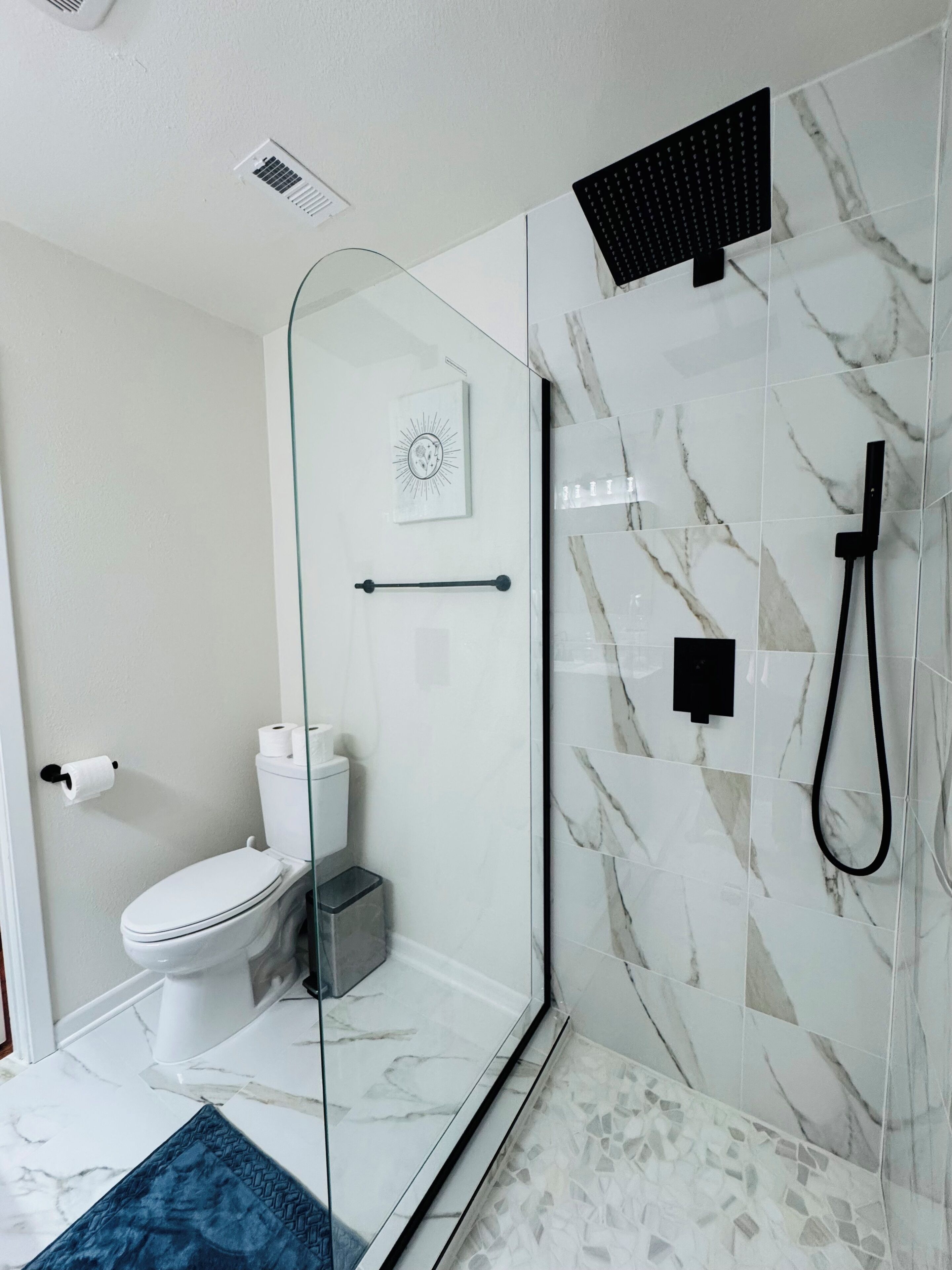 Hair dryer, towels, soap, toilet paper