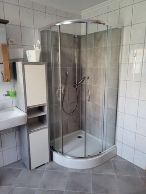 Shower, hair dryer, towels