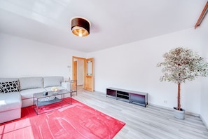 A modern living room with a grey sofa, a red rug, a coffee table, a TV stand, and a potted plant.