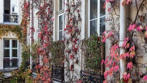 Een gebouw met meerdere balkons vol met herfstbladeren.
