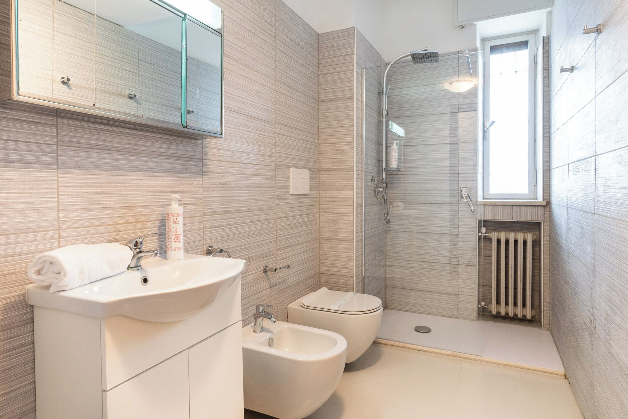 Appartement, 1 grand lit et 1 canapé-lit | Salle de bain | Douche, séchoir à cheveux, serviettes fournies, savon