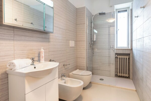Apartment, 1 Queen Bed with Sofa bed | Bathroom | Shower, hair dryer, towels, soap