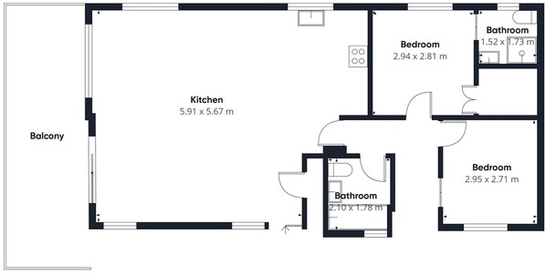 Un plan d’étage d’une propriété comprenant un balcon, une cuisine, deux chambres et deux salles de bain.