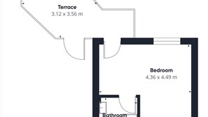 A floor plan with a terrace measuring 3.12 x 3.56 m, a bedroom of 4.36 x 4.49 m, and a bathroom of 1.90 x 1.86 m. - Host & Stay | The Lodge (Briston)