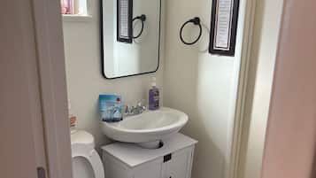 Hair dryer, towels, toilet paper