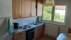 A kitchen with wooden cabinets, a stove, a sink, a window with a view, and a radiator. - Holiday Apartment 'D' in Miltenberg (Miltenberg)