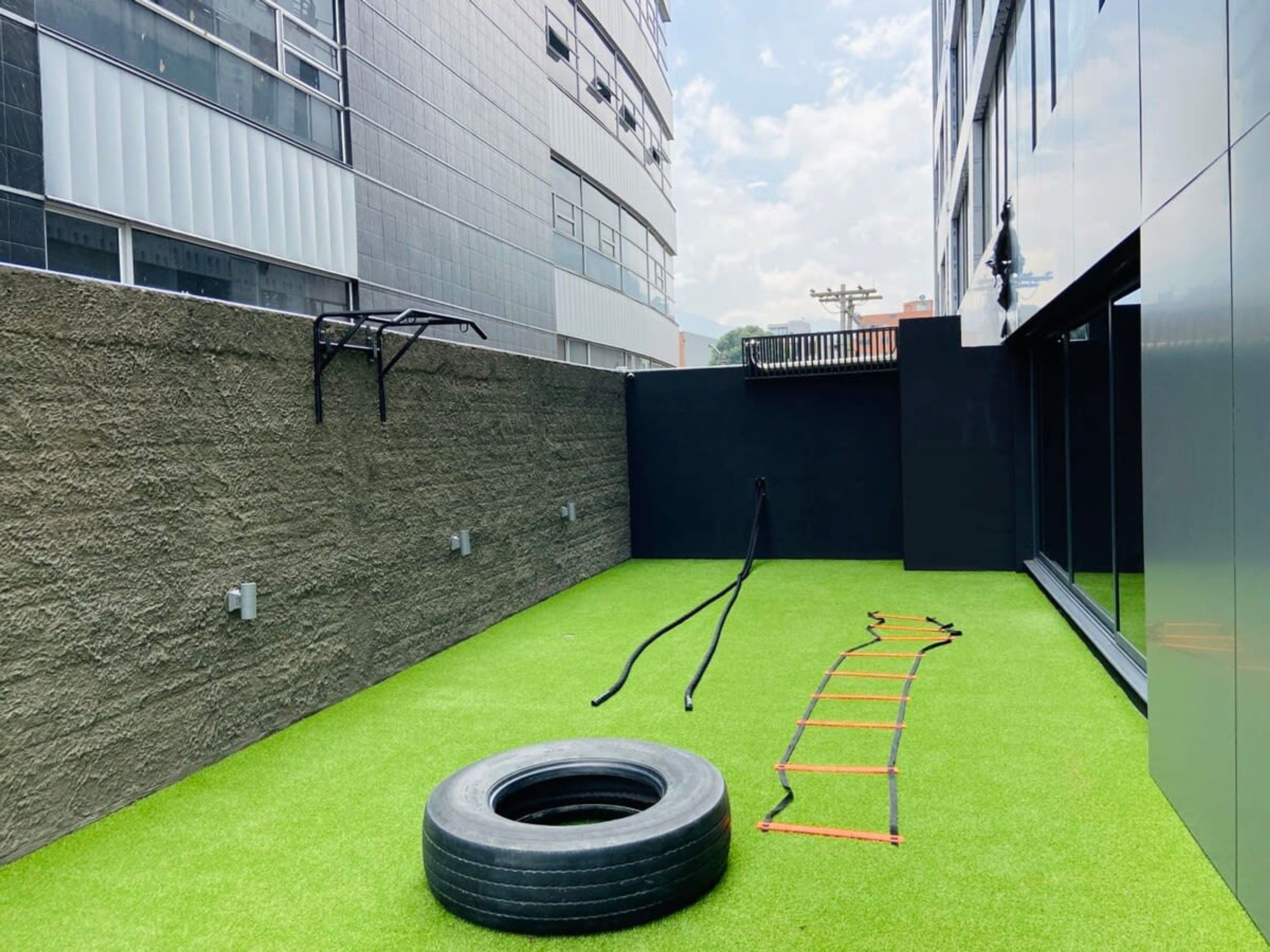 A small outdoor area with artificial grass, a tire, and a ladder.