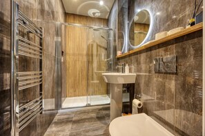 Shower, hair dryer, towels