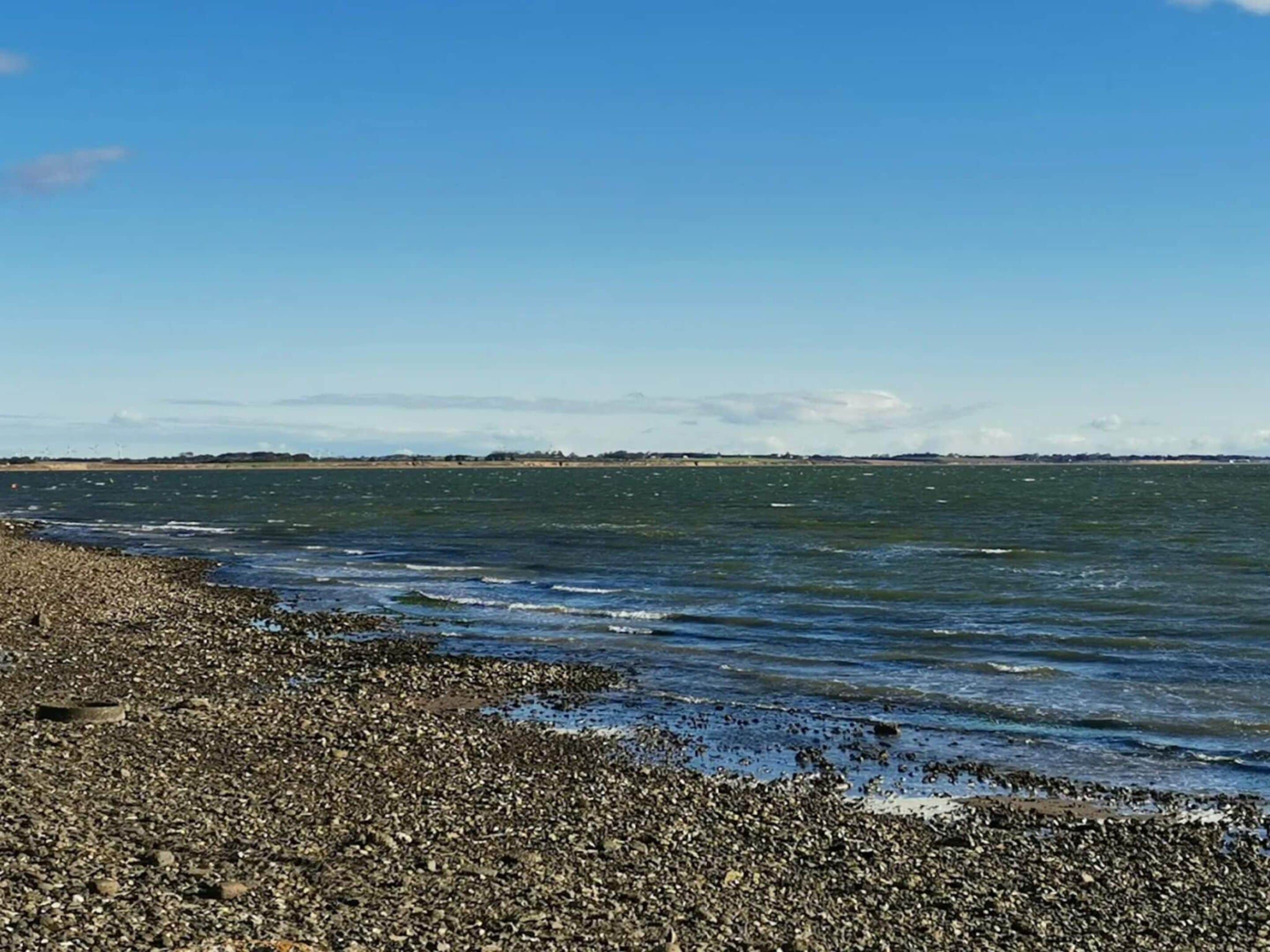 Una costa rocosa con olas, cielo despejado y tierra a lo lejos.