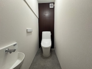 Hair dryer, towels, soap, toilet paper