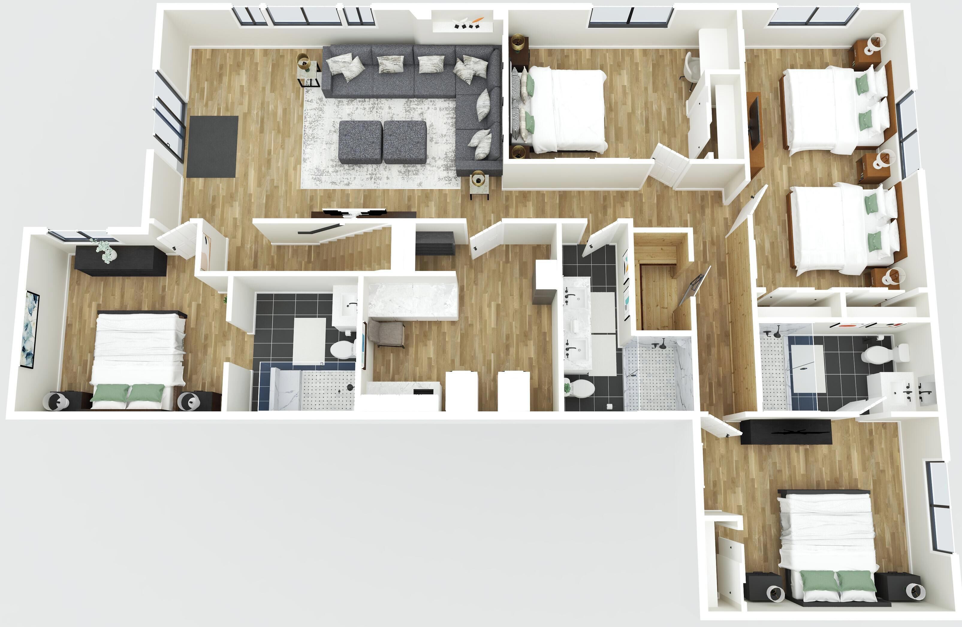 Distribución de un hotel con varias habitaciones, sala de estar y baño.