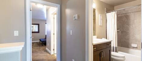 A bathroom with a shower, toilet, and vanity.