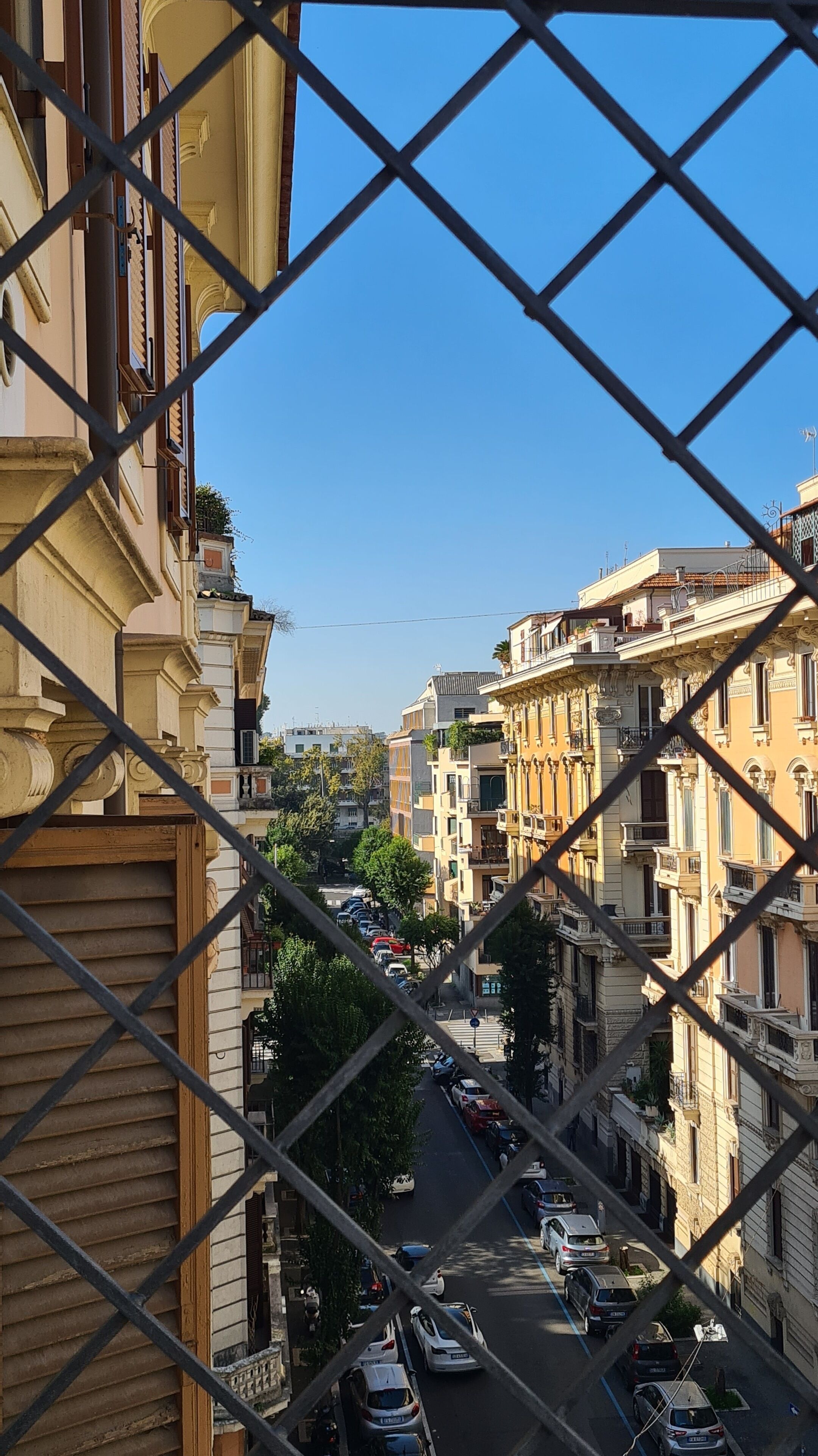 A street view through a metal fence with buildings on either side, cars parked along the street, and a clear blue sky.