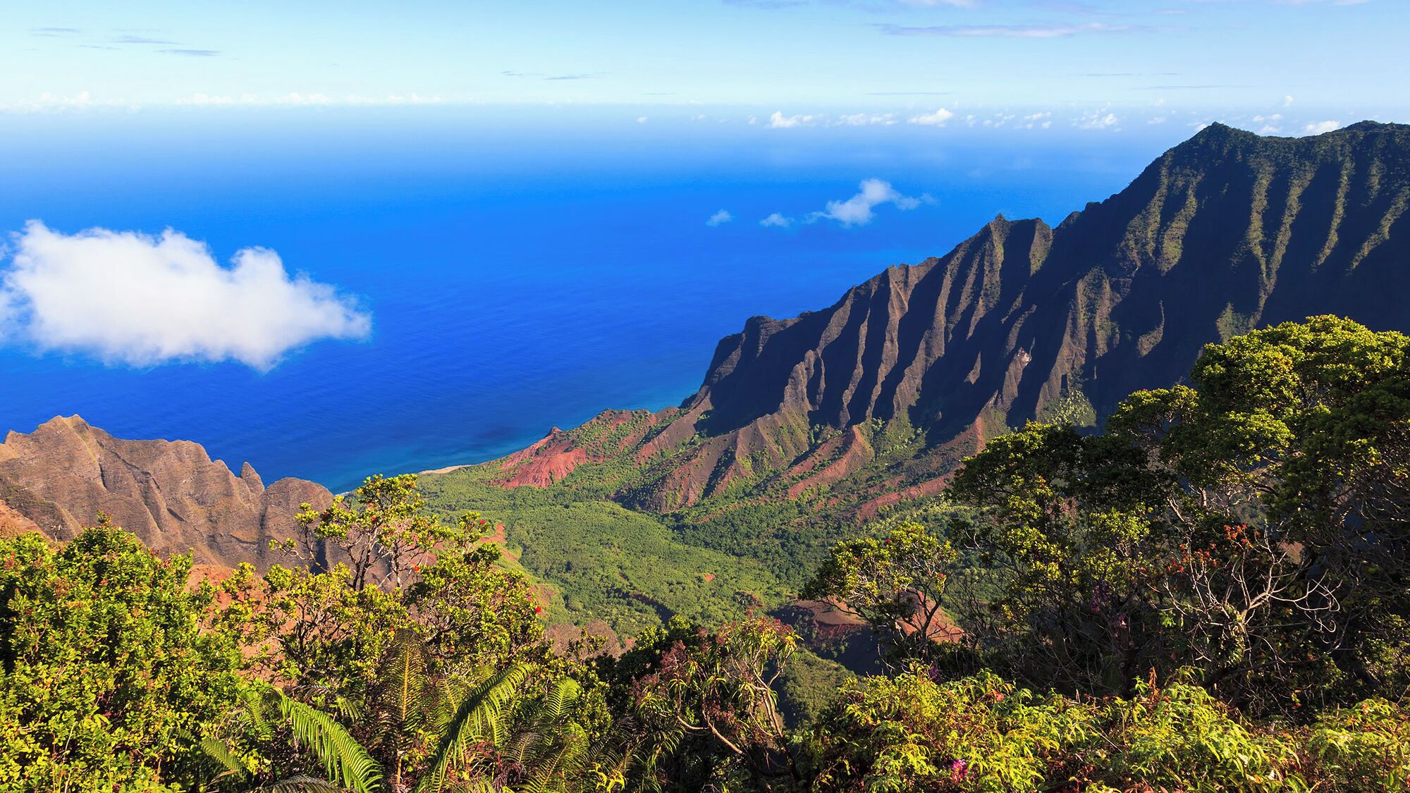 Un paisaje montañoso con vista al océano.