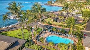 A resort with a swimming pool, palm trees, and ocean views.