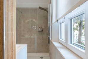 Shower, hair dryer, bidet, towels