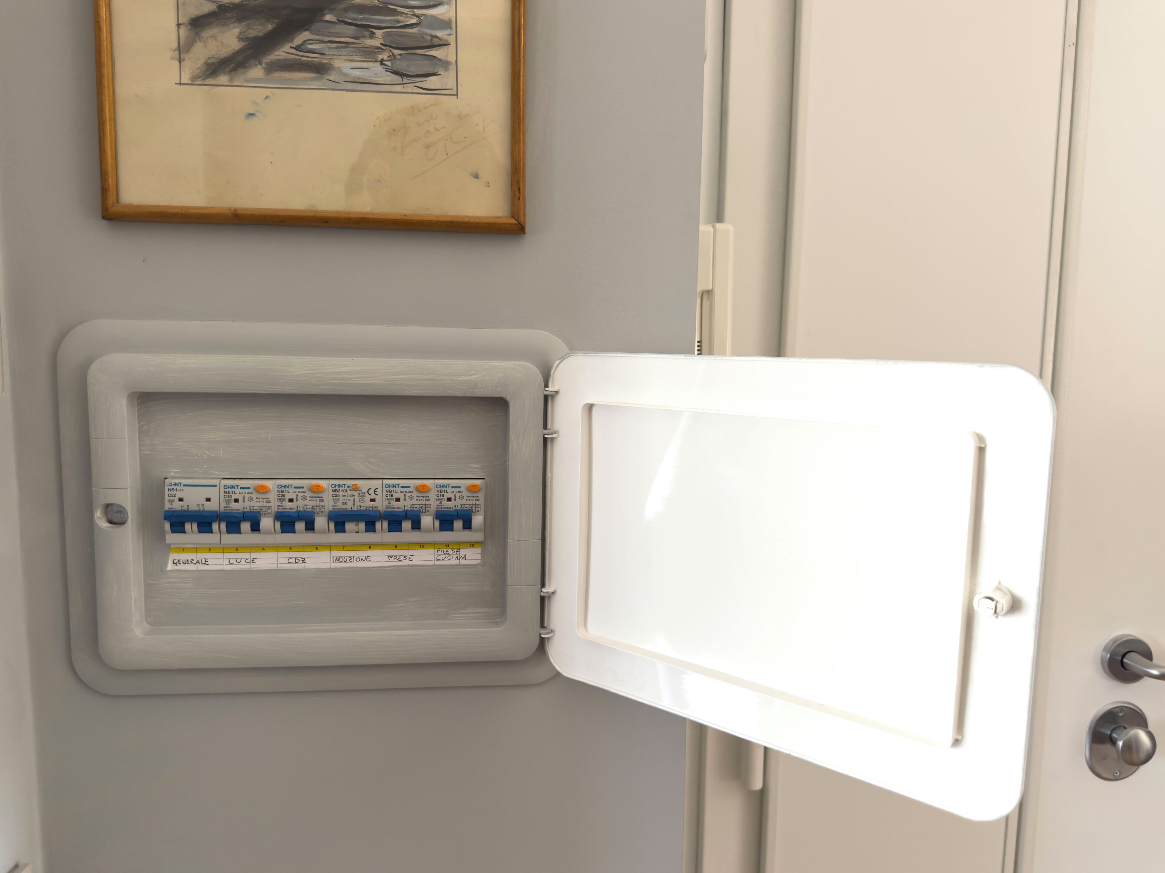 A white door with a control panel containing electrical switches and labels.