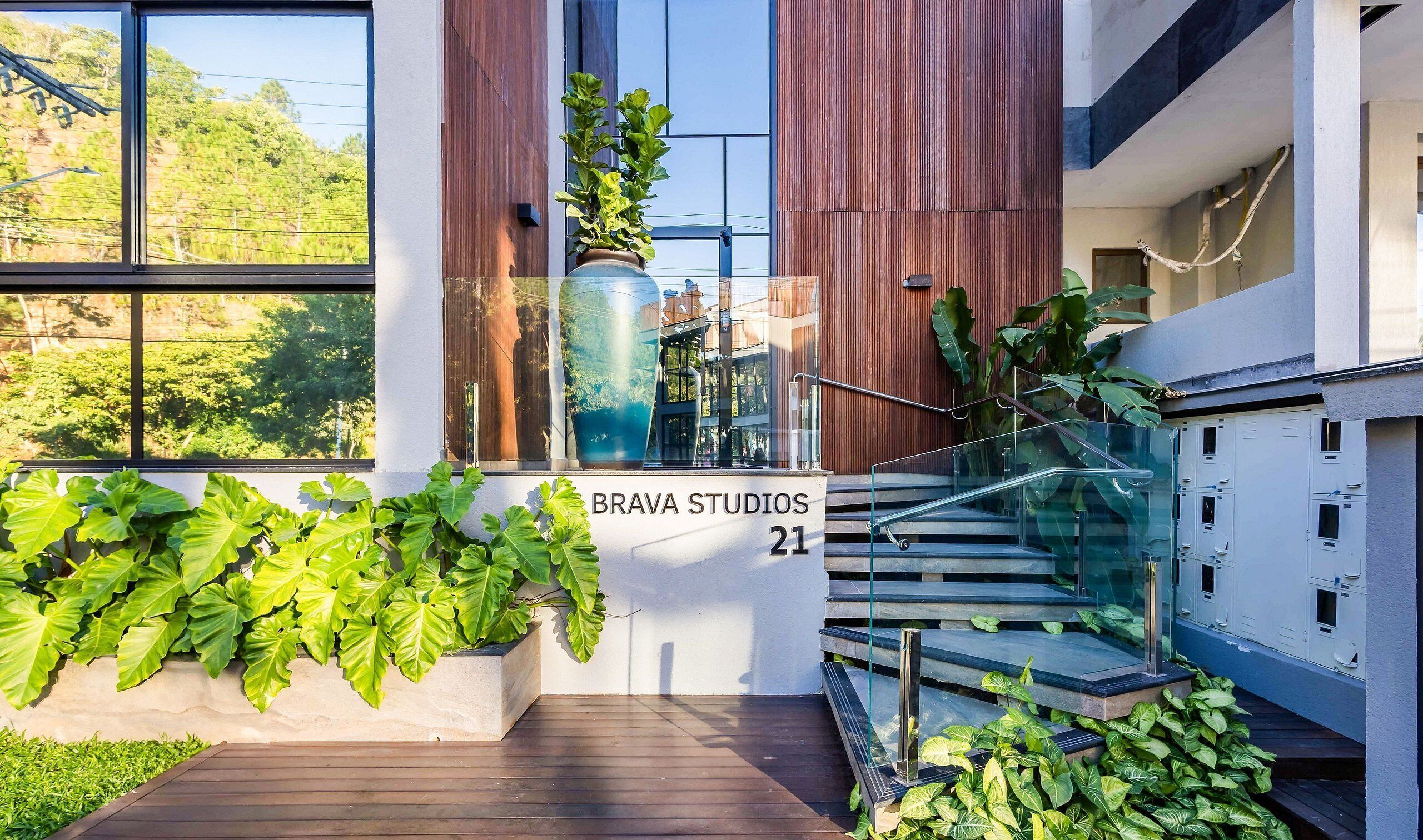 A modern building with a staircase, large windows, and potted plants.