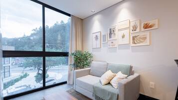 A modern living room with a large window, a grey sofa, and a potted plant.