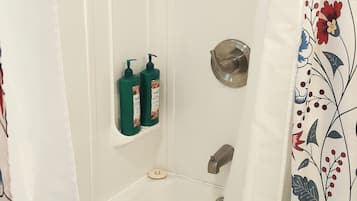 Hair dryer, towels, soap, toilet paper