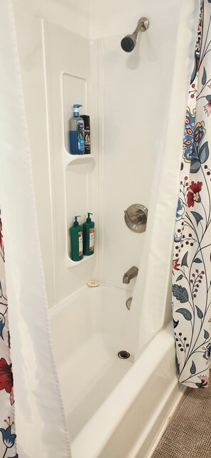 Hair dryer, towels, soap, toilet paper