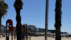 A beach with palm trees, a playground, and a building with a red archway. - Apartment Apartsalou Michelangelo 2 (Salou)